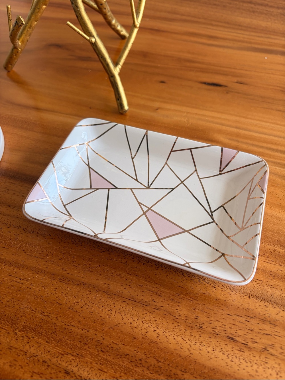 summer & rose White Ceramic Tray with Rose Gold Geometric Lines and Pink Accents